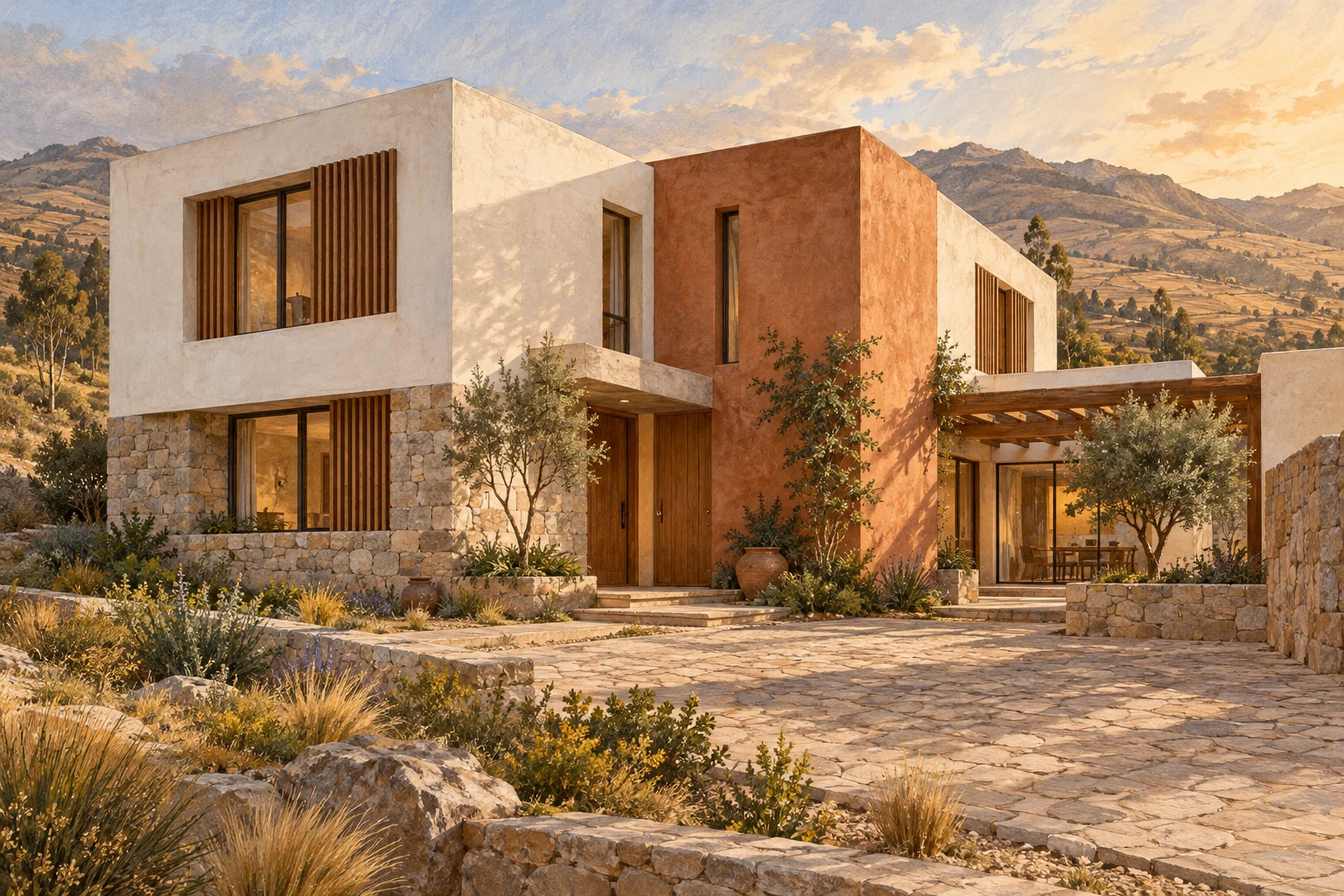 Concepto ilustrado de una casa contemporánea con piedra, madera y tonos cálidos, entre las colinas de Cajamarca.